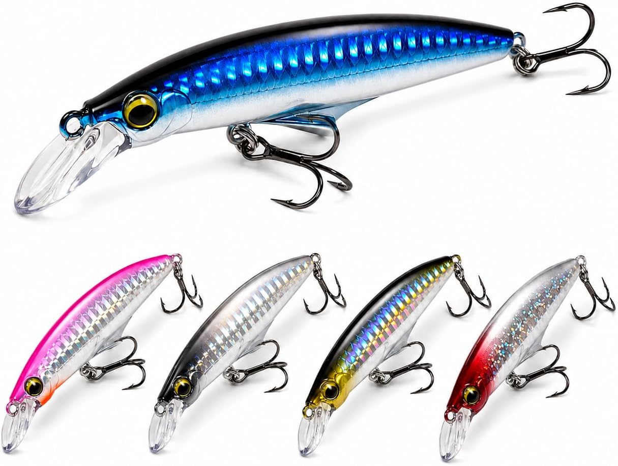 5PCS Sinking Jerkbait Fishing Lures, 3.35" Long-Casting Minnow Hard Baits with Realistic Swimming Action, Curved Lip, Holographic Finish & Treble Hooks for Bass, Trout, Walleye and Pike