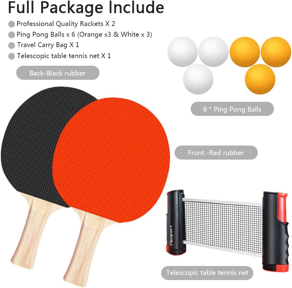 FBSPORT Ping Pong Paddle Set, Portable Table Tennis Set with Retractable Net, 2 Rackets, 6 Balls & Carry Bag for Indoor & Outdoor Games