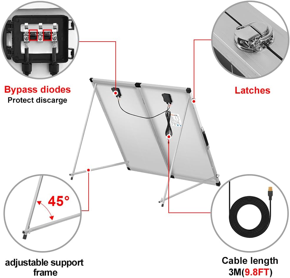 DOKIO 150W Foldable Solar Panel Suitcase with Charge Controller, Gray Folds to 17.7 x 35.8 in and weighs 22.4 lb; for 12V batteries, power stations, RVs, boats, camping, and emergencies