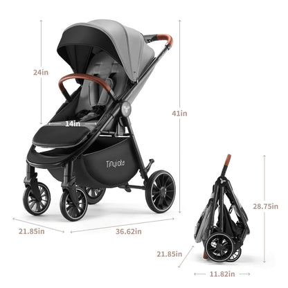 Tinyiota Baby Stroller with UPF 50+ Canopy, One-Hand Fold, Leather Handle, Reclining Seat, Grey