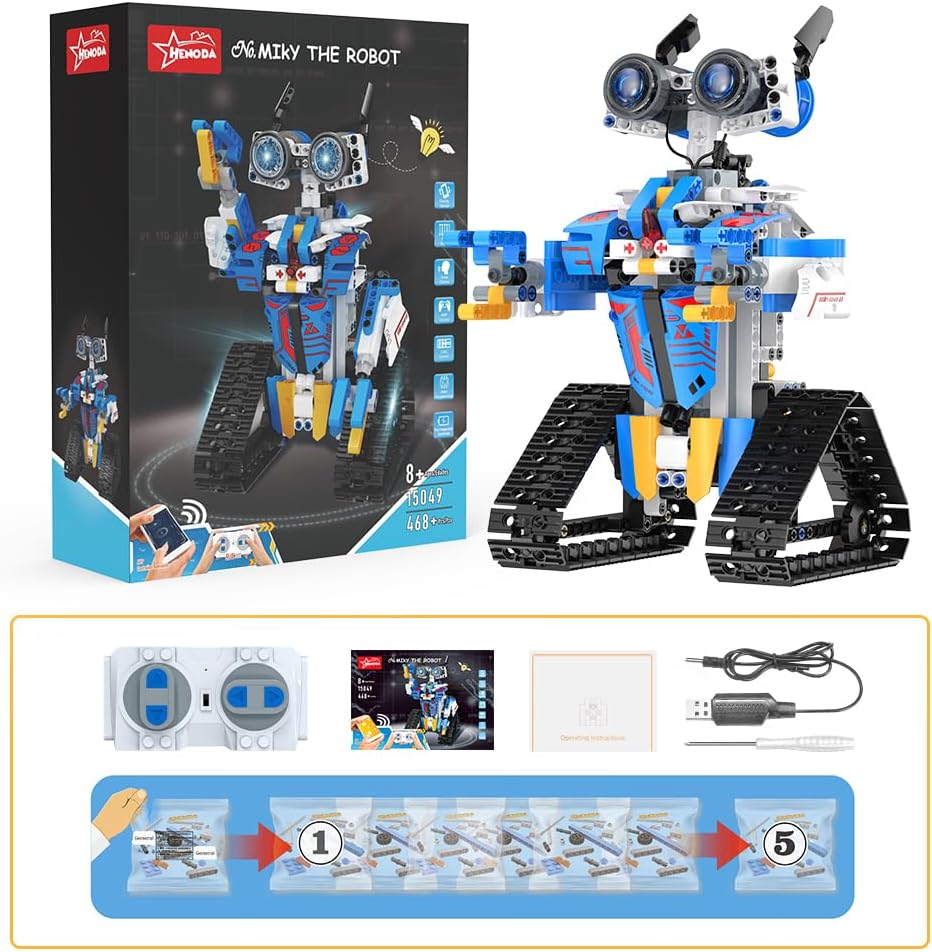 Henoda 15049 Programmable Robot Building Kit, 468+ Pieces, APP & Remote Control STEM Robot Toy, Bluetooth, Mecanum Wheels, Coding & Robotics Kit for Kids Ages 8+, Blue