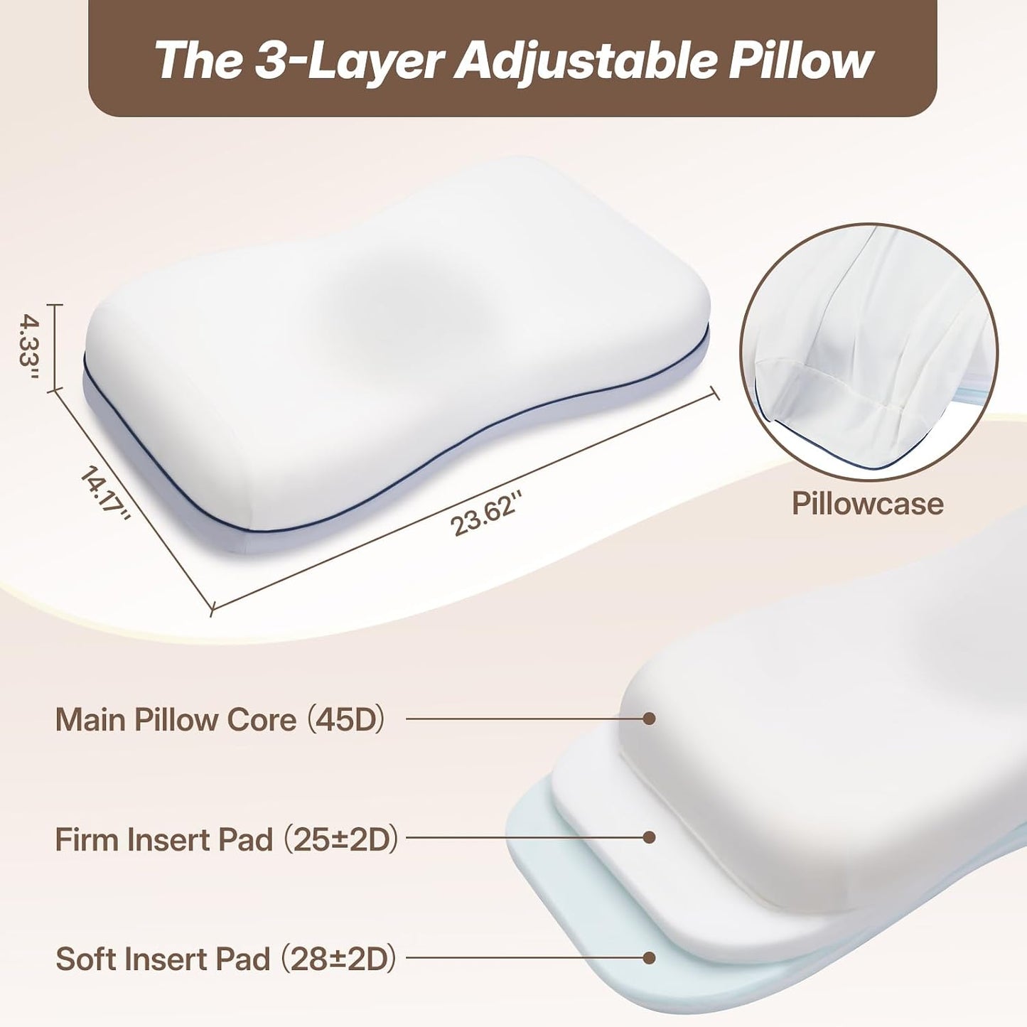 Cervical Neck Pillow, Adjustable Memory Foam for Neck Support, White