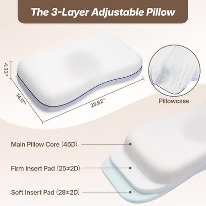 Cervical Neck Pillow, Adjustable Memory Foam for Neck Support, White