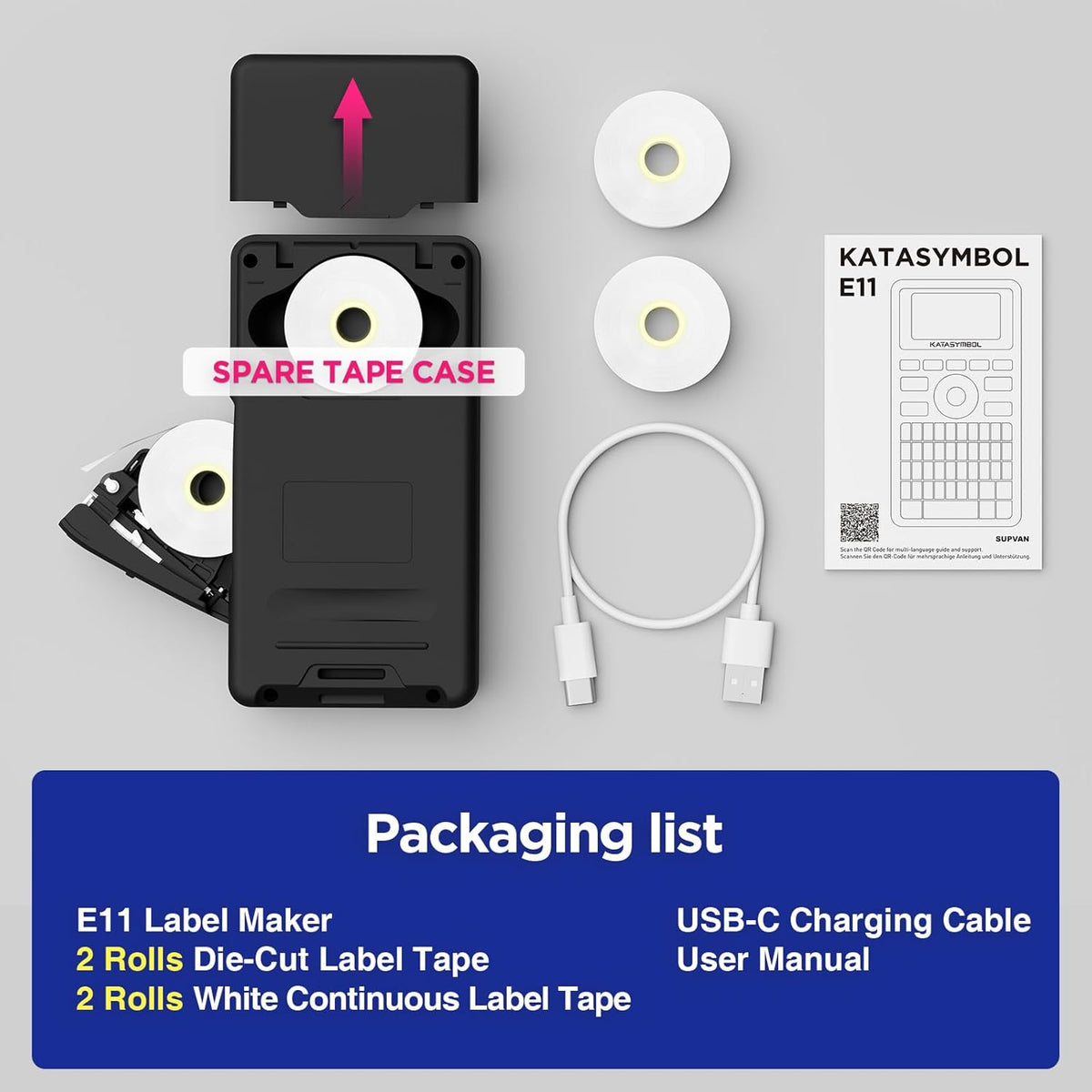 SUPVAN E11 Keyboard & Bluetooth Label Maker | Rechargeable Thermal Printer with 4 Tapes, 30+ Fonts & 660+ Icons