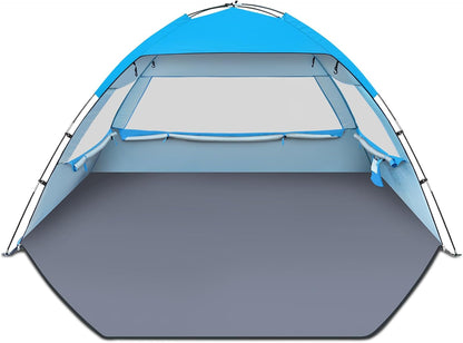 Gorich Beach Tent Sun Shelter for 3–4 Person, UPF 50+ UV Protection, Portable Beach Shade Canopy with Fiberglass Frame, Mesh Windows & Carrying Bag, Blue