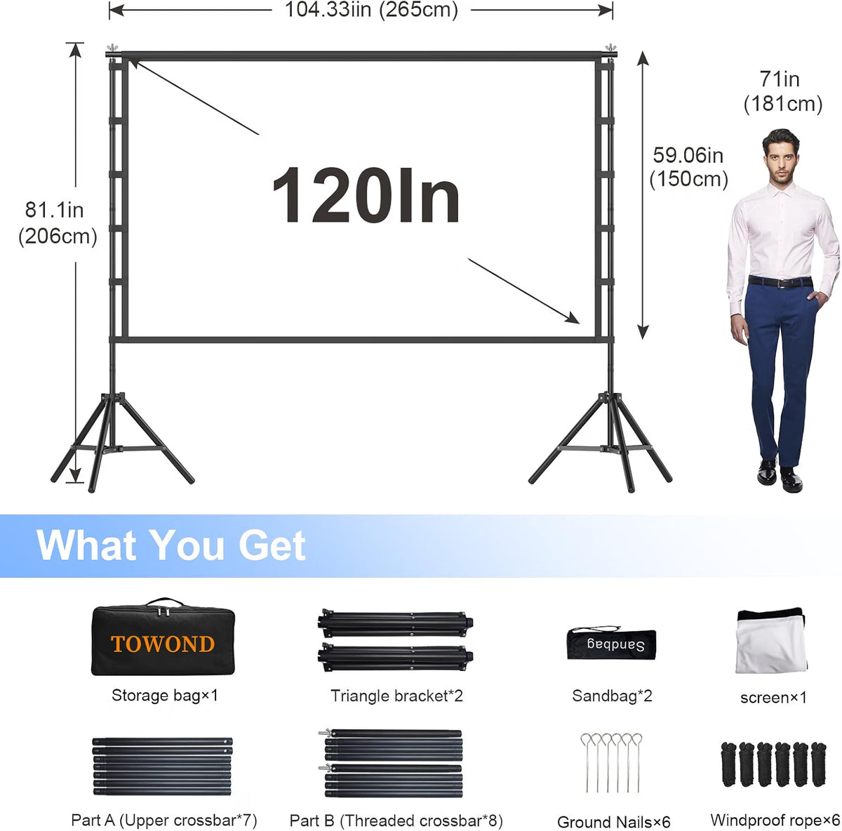 TOWOND 120-Inch Outdoor Projector Screen with Stand, 16:9 Portable HD Foldable Movie Screen, 4K/1080P Front & Rear Projection Screen with Carry Bag, Wind Anchor Kit