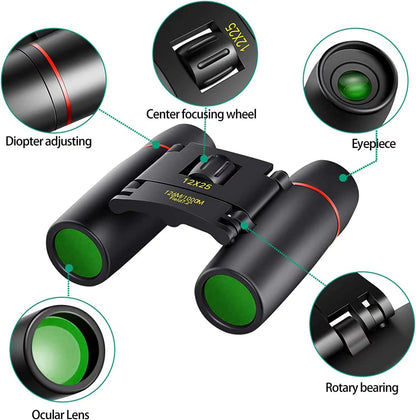 POLDR 12x25 Small Pocket Binoculars, Compact Lightweight Binoculars with BAK4 Prism, Fully Multi-Coated Optics, Waterproof Folding Binoculars for Adults & Kids