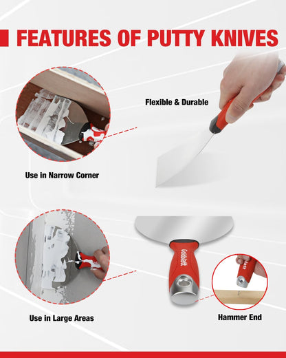 Goldblatt Drywall Hand Tool Kit, 6‑Piece Painter’s Tools Stainless Steel Putty Knives, 14 in 1 Paint Scraper, 6'' and 4'' Flex Joint Knives, 8'' and 12'' Taping Knives, 12'' Mud Pan