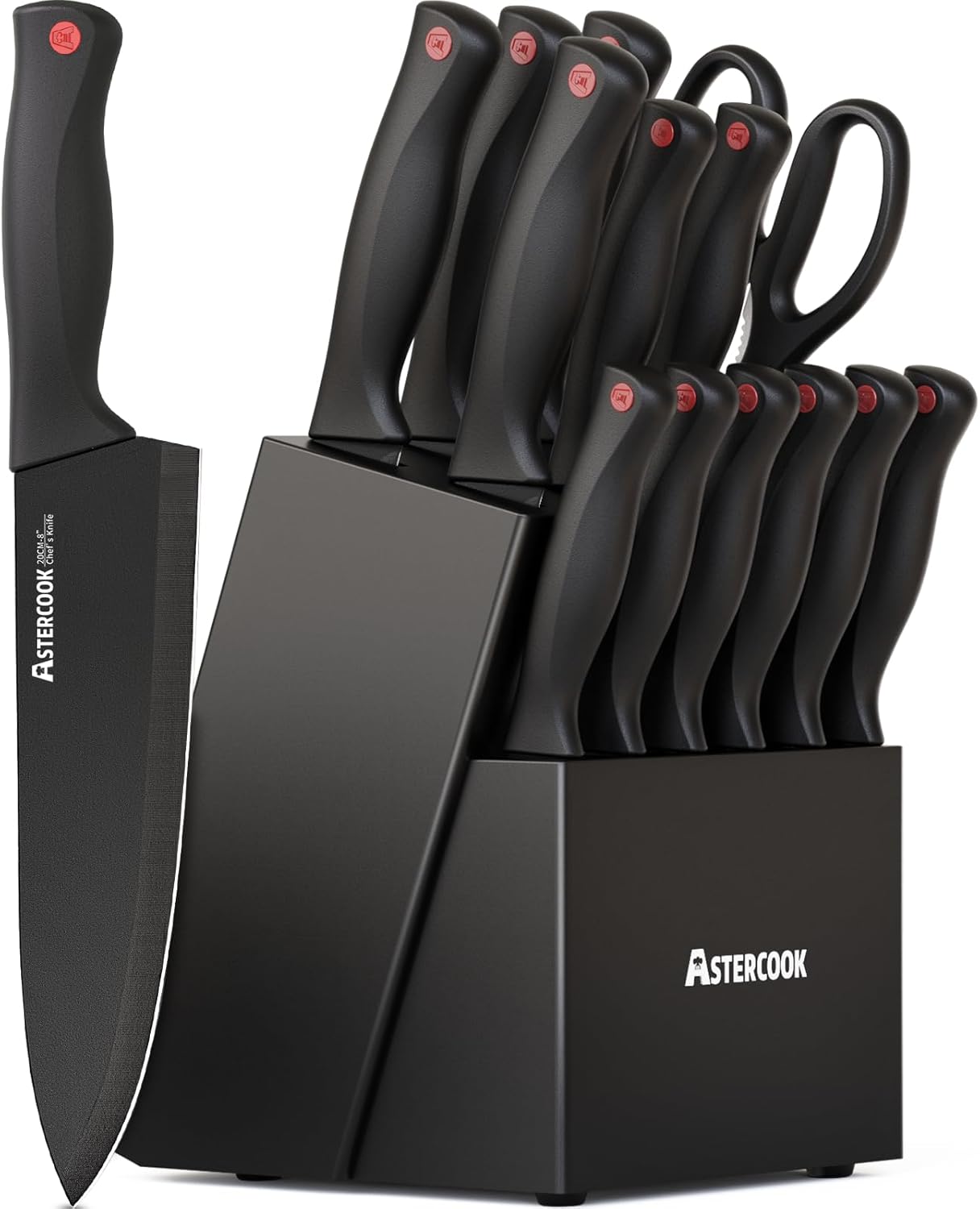 Astercook Knife Set for Kitchen with Block and Sharpener 15pcs German