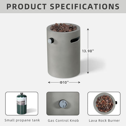Afterglow 10" Round Propane Fire Pit Smokeless Propane Fire Column Terrafab 10,000 Btu with Lava Rocks for Outdoor Patio Garden Backyard Decking Decor CSA Certificated, Grey Concrete