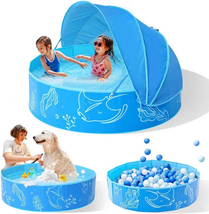 Foldable Kiddie Pool with Canopy 47" x 47" x 12", Portable Baby and Toddler Swimming Pool with Removable Sunshade, Round Water Play Pool for Kids and Dogs, Backyard Beach Pool, Blue