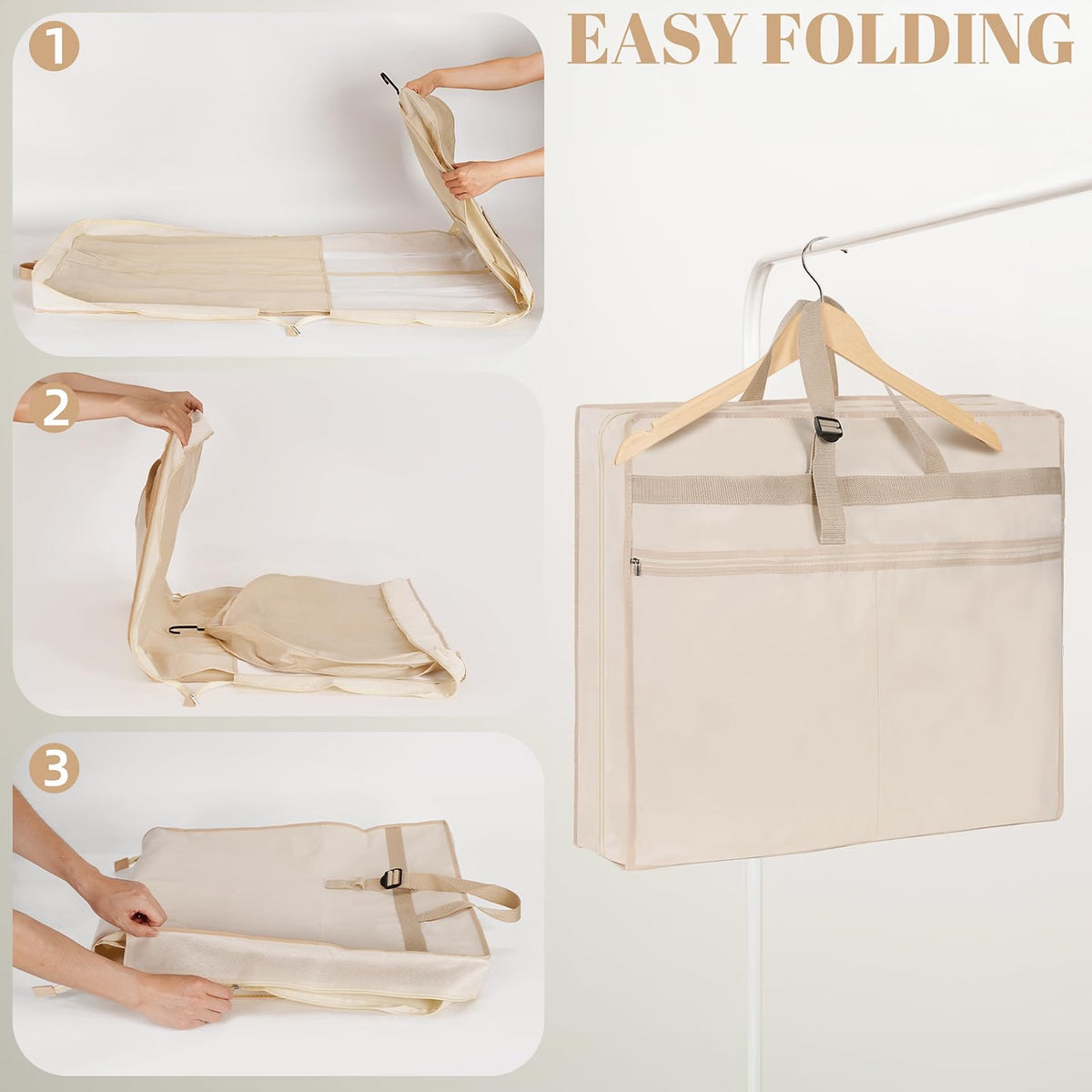 TANGKA Wedding Dress Garment Bag, 72-Inch Tri-Fold Bridal Gown Bag with 6 Pockets & 6 Accessory Pouches, Adjustable Buckle, Zippered Dress Storage Cover for Wedding, Prom & Travel, Beige