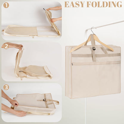 TANGKA Wedding Dress Garment Bag, 72-Inch Tri-Fold Bridal Gown Bag with 6 Pockets & 6 Accessory Pouches, Adjustable Buckle, Zippered Dress Storage Cover for Wedding, Prom & Travel, Beige