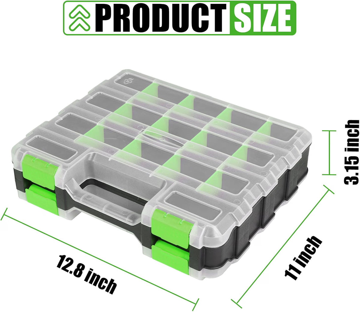HyperionFlo Essentials Double-Sided 34-Compartment Organizer Box, 2-Pack, Transparent Lid with Removable Dividers, Green