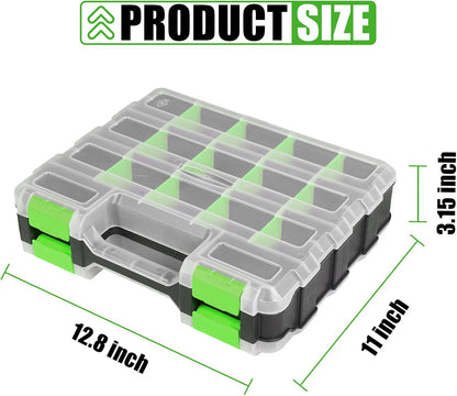 HyperionFlo Essentials Double-Sided 34-Compartment Organizer Box, 2-Pack, Transparent Lid with Removable Dividers, Green