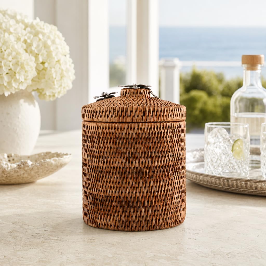 Vagabond House Wicker Ice Bucket with Pewter Orchid Knob, Stainless Steel Lined Rattan Champagne Holder, 8-Inch