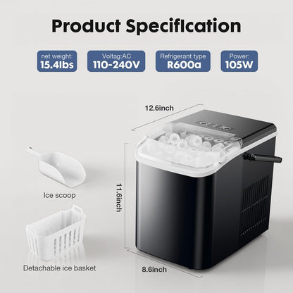 Sweetcrispy Countertop Ice Maker with Scoop, Basket and Handle, Portable Ice Machine 9 Cubes Ready in 6 Mins, 26.5lbs in 24Hrs, 2 Sizes for Home Kitchen Office Bar Party, Coal Black