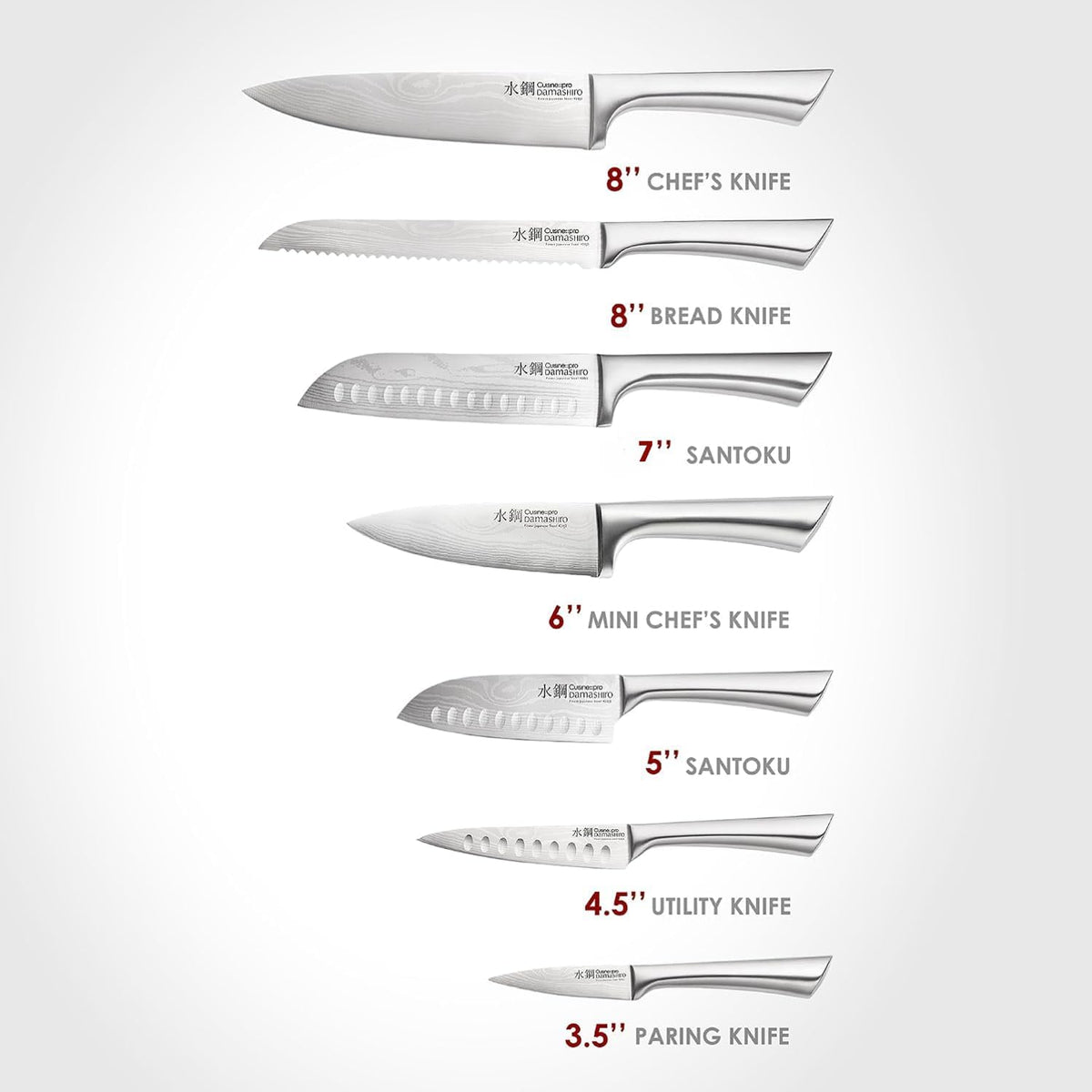 Cuisine::pro Damashiro Satori 8-Piece Japanese Steel Kitchen Knife Set Transparent Display Magnetic Block with Acacia Wood Chopping Board for Convenient Knife Storage and Everyday Food Preparation
