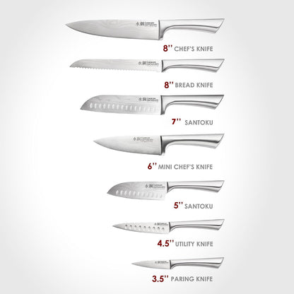 Cuisine::pro Damashiro Satori 8-Piece Japanese Steel Kitchen Knife Set Transparent Display Magnetic Block with Acacia Wood Chopping Board for Convenient Knife Storage and Everyday Food Preparation