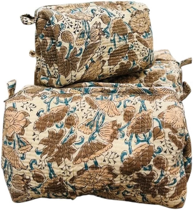 HyperionFlo Essentials 3-Piece Floral Quilted Cotton Travel Cosmetic Pouch Set, Handblock Printed Organizers with Zipper Closure, Color #2