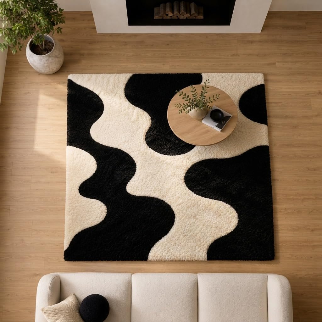 Hand-Tufted Wool Area Rug - Teal & WhiteBox Designed Abstract Pattern Carpet for Bedroom, Living Room, Dining Room, Hallway & Entryway Décor 12'x15'