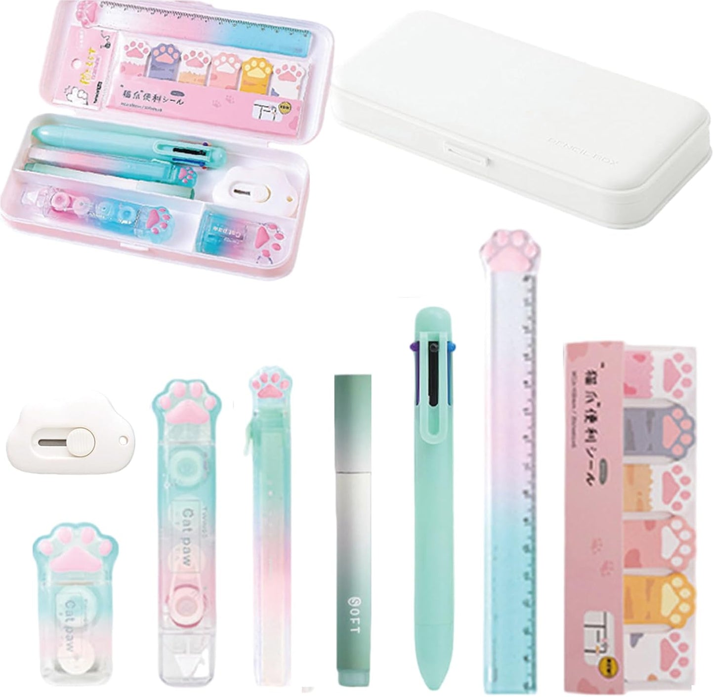 MOZXIRZ 9-Piece Cute Green Stationery Set, Cat Paw Kawaii School Supplies Kit with Pens, Highlighter, Ruler, Eraser, Correction Tape, Sharpener and Memo Pads