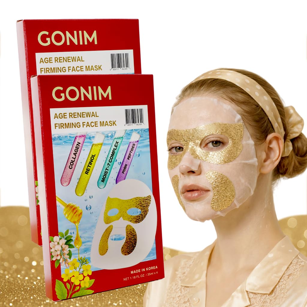 GONIM Korean Collagen Face Mask with PDRN, Anti Aging Firming Facial Mask Korean face mask with retinol and hyaluronic acid, hydrating collagen sheet mask with gold eye and smile line overlay, 35mlx8