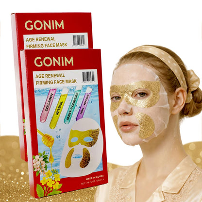 GONIM Korean Collagen Face Mask with PDRN, Anti Aging Firming Facial Mask Korean face mask with retinol and hyaluronic acid, hydrating collagen sheet mask with gold eye and smile line overlay, 35mlx8