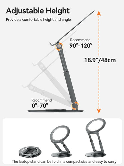 Telescopic Laptop Stand with 360° Rotation, Adjustable Height & Tilt Swivel Laptop Riser, Ergonomic Standing Desk Converter for 10-17" MacBook Pro/Air, Dell, HP – Supports up to 22lbs (Gray)