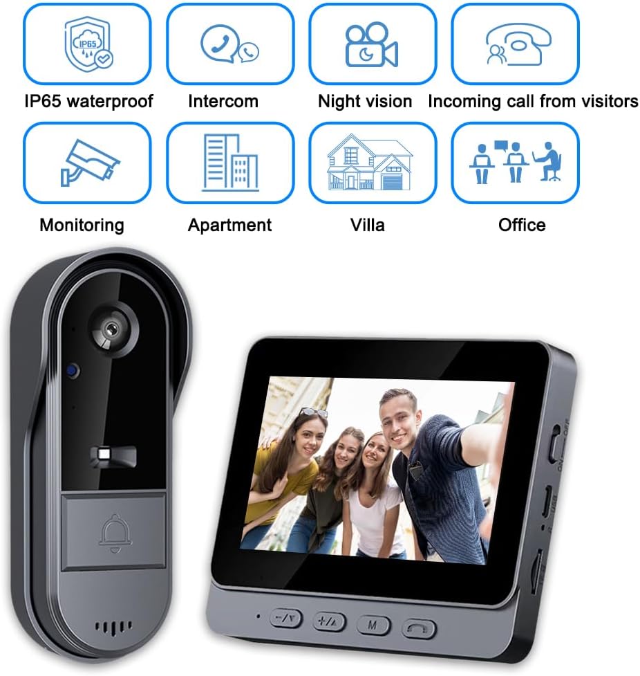 TKMARS Wireless Video Doorbell Camera with 4.3" Monitor, 1080P HD, 170° Wide Angle, Two-Way Audio, Night Vision, IP65 Waterproof, No Wi-Fi or Subscription Required