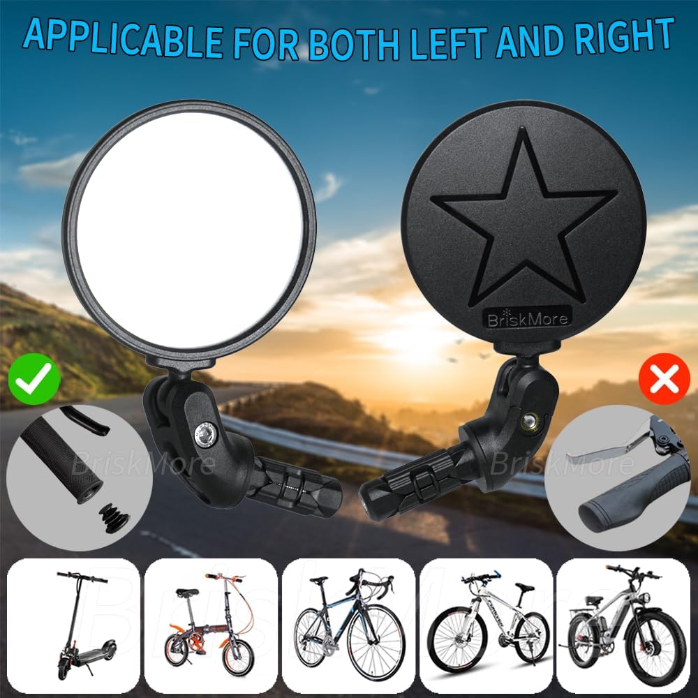 BriskMore Bike Bar End Mirrors, 2-Pack 3-Inch HD Convex Glass Bicycle Rearview Mirrors, 360° Rotatable & 180° Adjustable, Shatter-Resistant Mirrors for Flat & Drop Handlebars