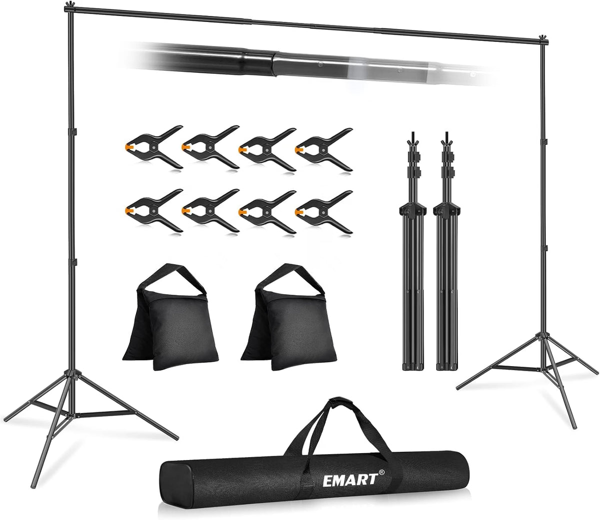 EMART 10x7FT Adjustable Backdrop Stand, Retractable Crossbar Photography Background Stand with Tripod Base, Carry Bag & Clips for Party, Studio, Wedding & Photoshoot
