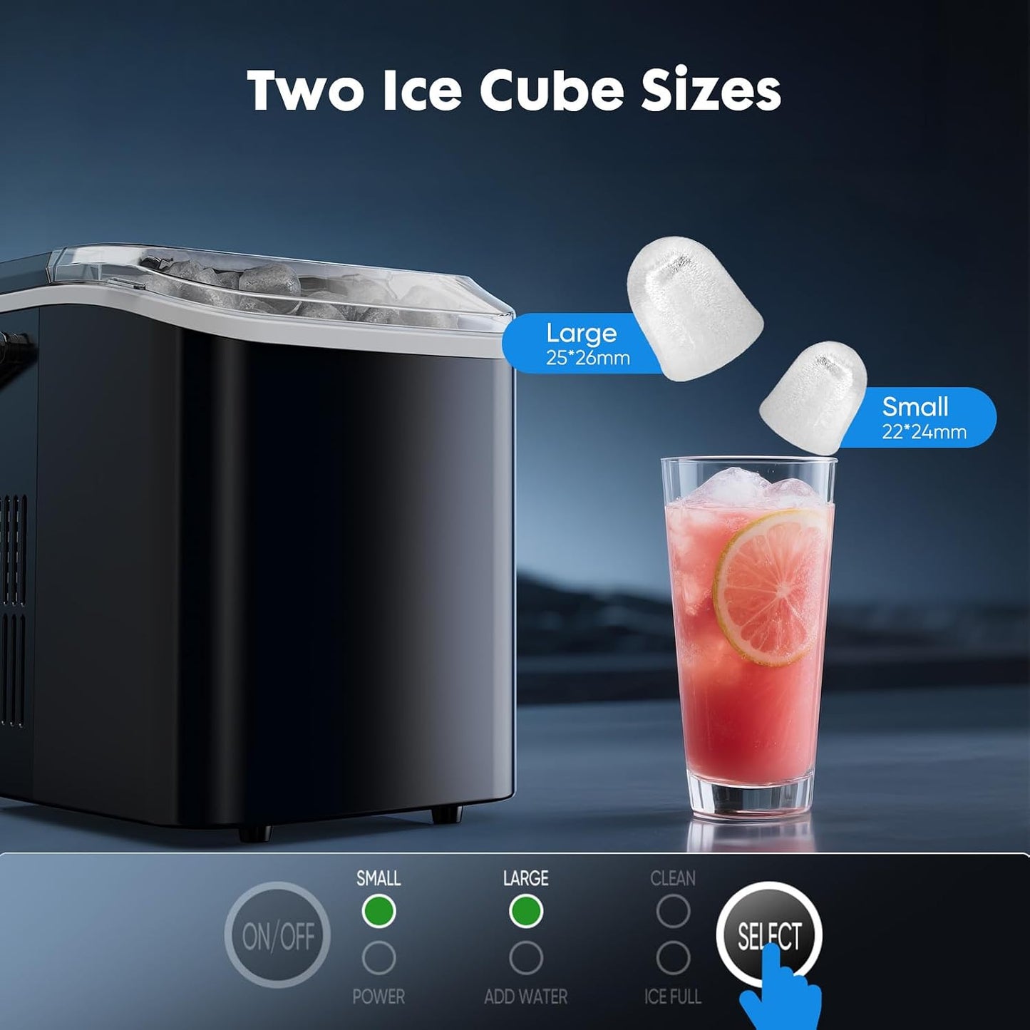 Sweetcrispy Countertop Ice Maker with Scoop, Basket and Handle, Portable Ice Machine 9 Cubes Ready in 6 Mins, 26.5lbs in 24Hrs, 2 Sizes for Home Kitchen Office Bar Party, Coal Black