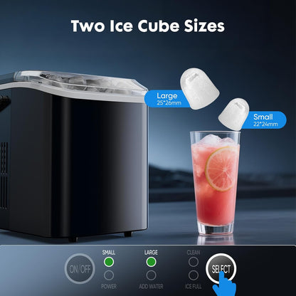 Sweetcrispy Countertop Ice Maker with Scoop, Basket and Handle, Portable Ice Machine 9 Cubes Ready in 6 Mins, 26.5lbs in 24Hrs, 2 Sizes for Home Kitchen Office Bar Party, Coal Black