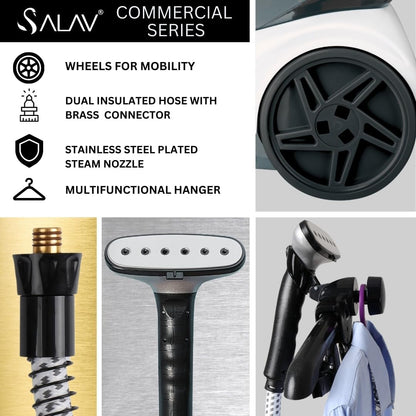 SALAV Heavy Duty Commercial Full-Size Garment Steamer with Foot Pedals and Extra Large 3L (101.5 oz) Water Tank, 1800 watts, 90+min of Continuous Steam (White)