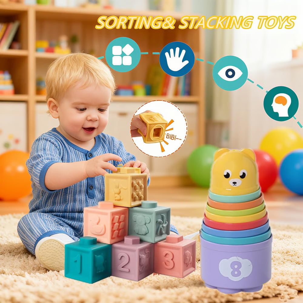Etyat Montessori Baby Toys Set, 6-12 Months Sensory Toys with Silicone Pull String, Stacking Blocks, Cups, Tissue Box & Shape Sorter, Educational Infant Toddler Gift Set