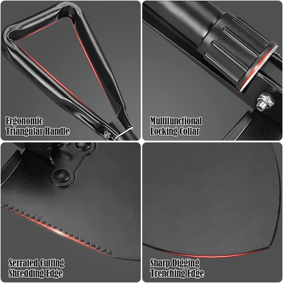 PLACHIDAY Folding Camping Shovel, 18.5-Inch Lightweight High Carbon Steel Portable Shovel with Serrated Edge, Compact 3-Way Folding Design for Camping, Hiking, Gardening & Emergency Use