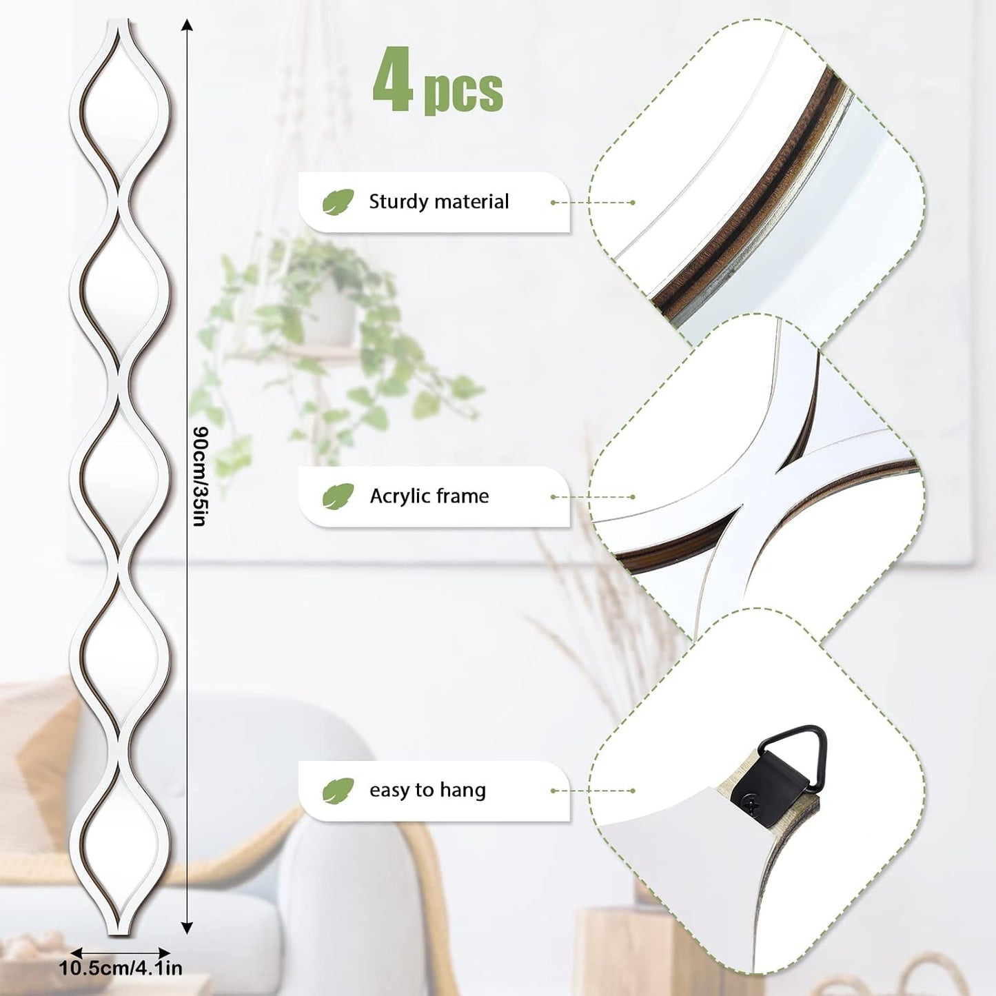Qunclay 4 Pcs Teardrop Mirror Wall Art Decorative Mirror Wall Decor, Silver