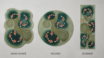 Koi Fish Pond Shaped Wool Rug, Hand-Tufted Green Zen Garden Area Rug with Koi & Water Spirals, Japanese Irregular Carpet for Living Room & Bedroom, Feng Shui Decor, 7x10 ft (213 x 304 cm)