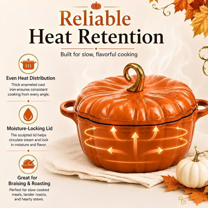 Pumpkin Enameled Cast Iron Dutch Oven with Lid, Oven Safe Soup Casserole Dish with Dual Handles, Cute Fall Harvest Decor Bakeware for Thanksgiving Halloween (B2, 16CM)