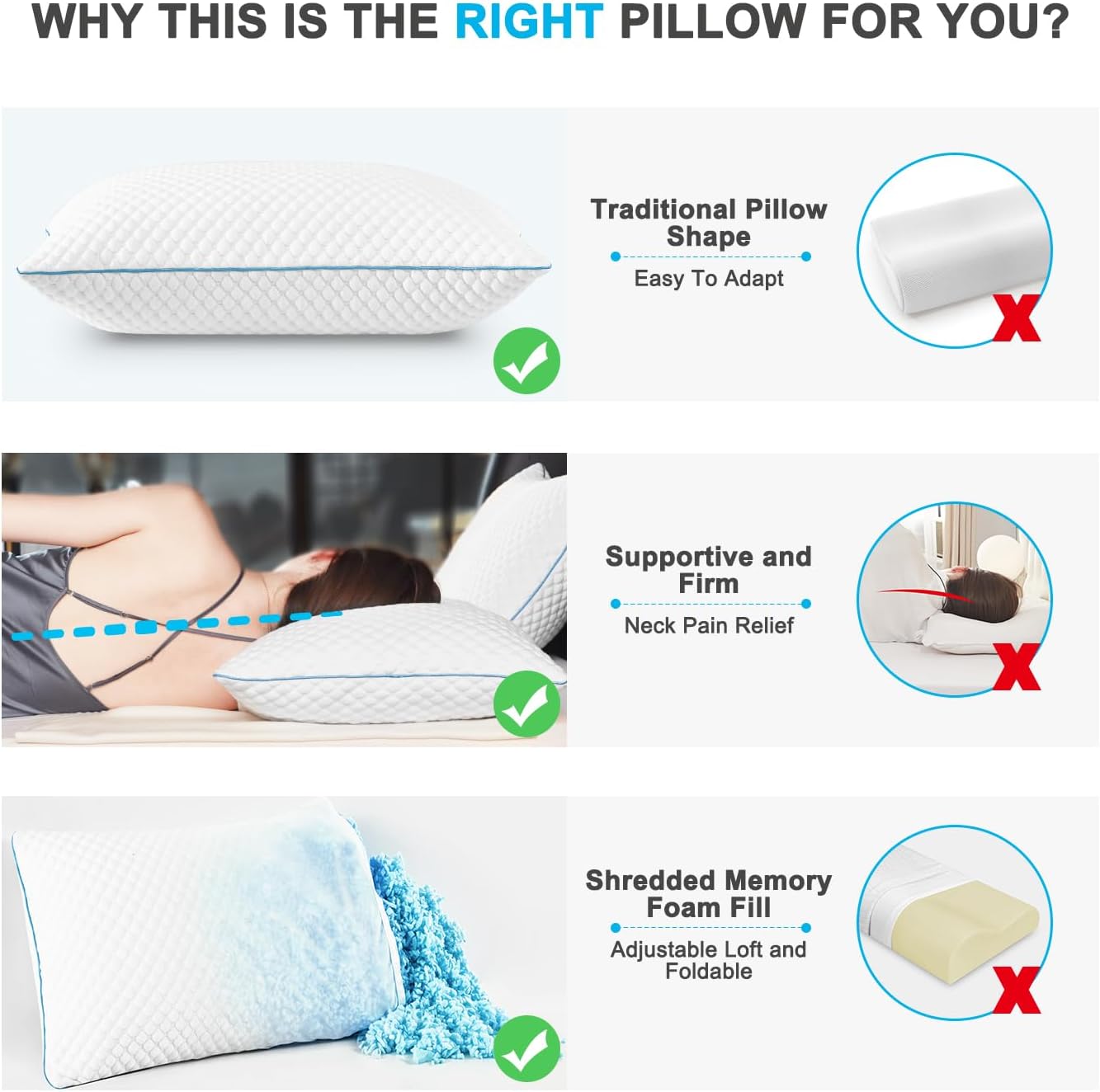 Cooling Shredded Memory Foam Bed Pillows, Queen Size, Set of 4, 20 x 30 in Adjustable Firm, Supportive, Breathable, Hypoallergenic, Odorless, Luxury, Cool Gel pillows for Side Back Stomach Sleepers