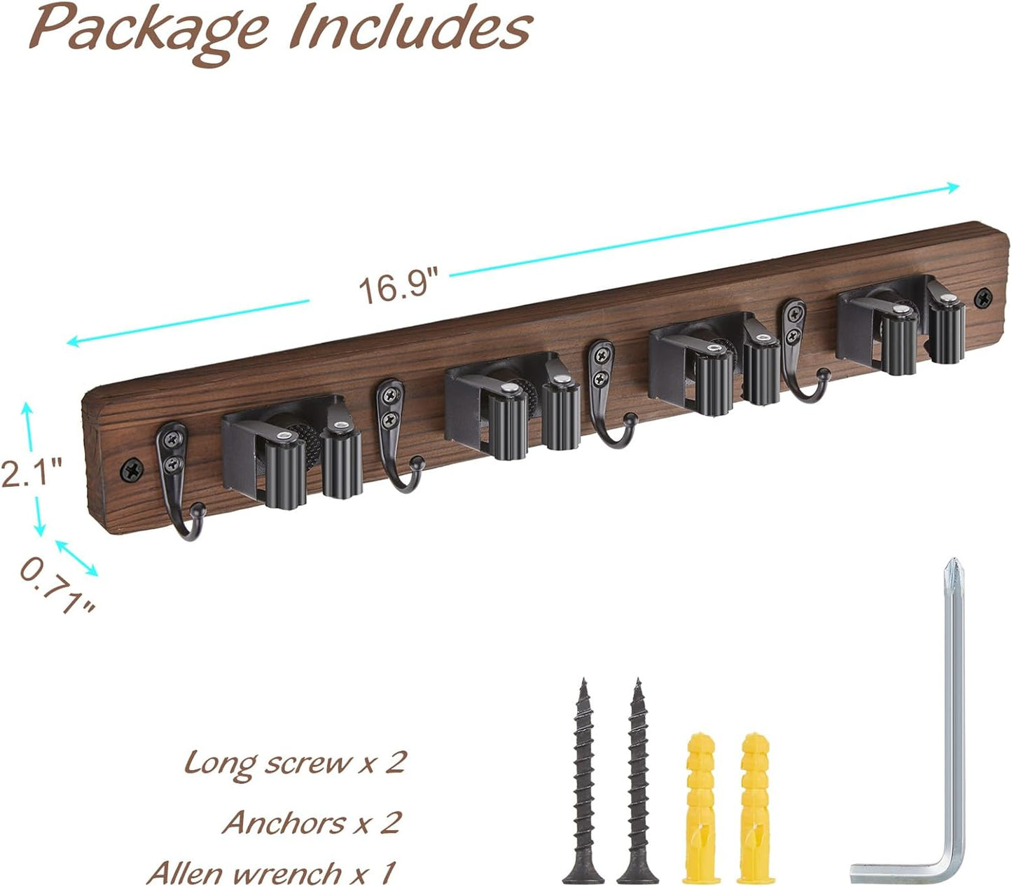 OUTNILI Mop and Broom Holder Wall Mount, Wood Broom Mop Hanger, Wall Mounted Garden Tool Rack Organizer, Rustic Kitchen Decor, 4 Slots & 4 Hooks, Brown