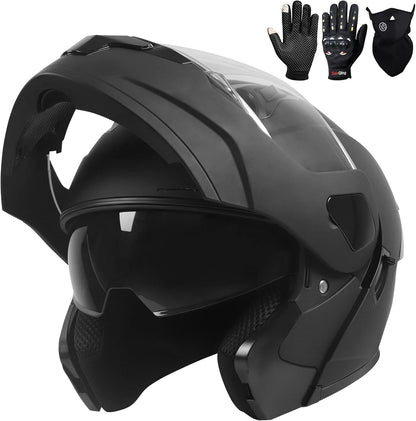helmelkin Modular Flip-Up Motorcycle Helmet for Men & Women, DOT Approved Full-Face Helmet with Dual Visor, Ventilation & Adjustable Strap, Large, Black