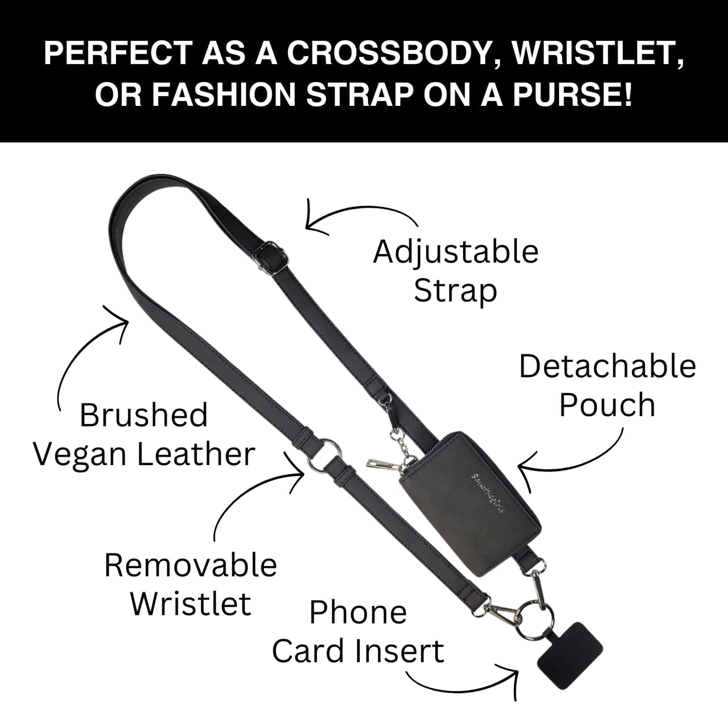 Save the Girls Clip and Go Brushed Vegan Phone Lanyard - Crossbody Phone Case with Pouch, Adjustable and Removable Strap