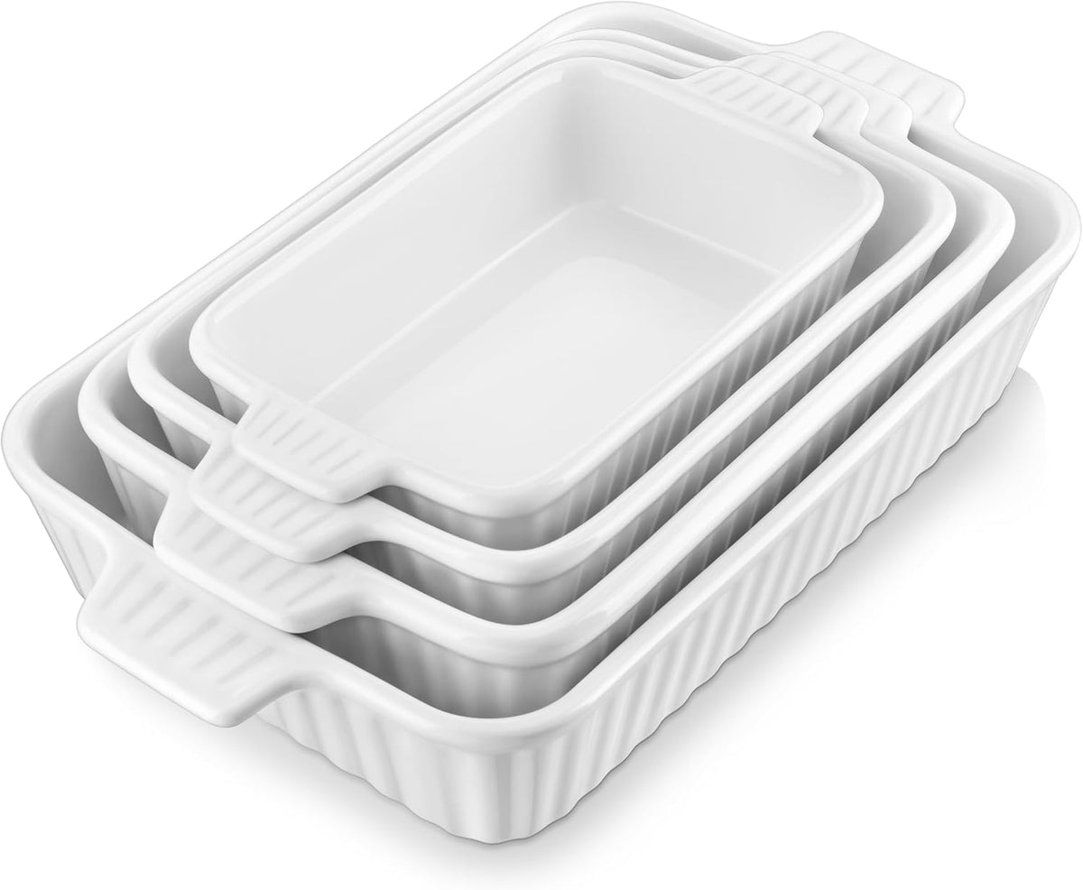 MALACASA Casserole Dishes for Oven, Ceramic Baking Dishes Set of 4, White Rectangular Deep Lasagna Pans with Handles for Roasting Vegetable, Cake, Durable Bakeware, Wedding Gift(9.4/11.1/12.2/14.7")