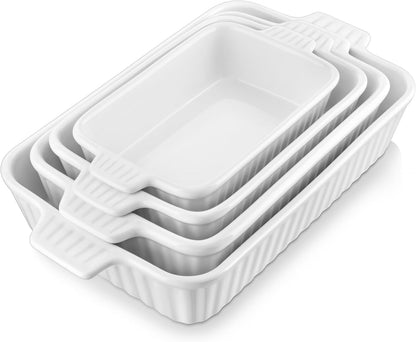 MALACASA Casserole Dishes for Oven, Ceramic Baking Dishes Set of 4, White Rectangular Deep Lasagna Pans with Handles for Roasting Vegetable, Cake, Durable Bakeware, Wedding Gift(9.4/11.1/12.2/14.7")