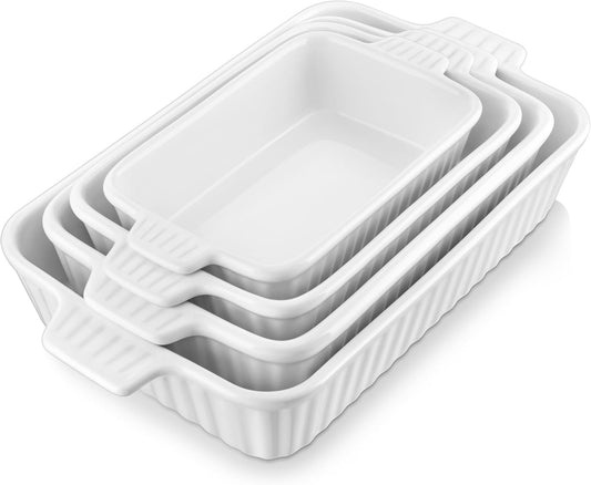 MALACASA Casserole Dishes for Oven, Ceramic Baking Dishes Set of 4, White Rectangular Deep Lasagna Pans with Handles for Roasting Vegetable, Cake, Durable Bakeware, Wedding Gift(9.4/11.1/12.2/14.7")