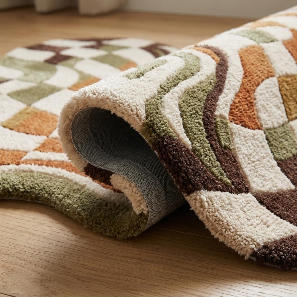 Warped Checkerboard Wool Rug, Hand-Tufted Retro Groovy Area Rug in Green, Rust & Cream, Irregular Shaped Wavy Checkered Carpet for Living Room & Bedroom, Boho Decor, 9x12 ft (274 x 365 cm)