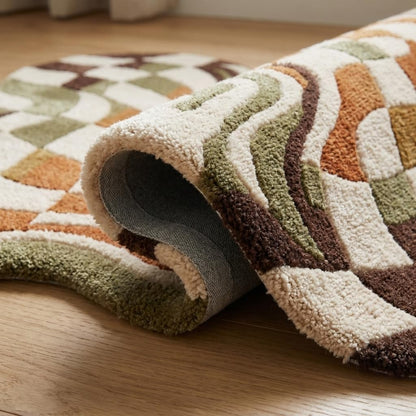 Warped Checkerboard Wool Rug, Hand-Tufted Retro Groovy Area Rug in Green, Rust & Cream, Irregular Shaped Wavy Checkered Carpet for Living Room & Bedroom, Boho Decor, 9x12 ft (274 x 365 cm)