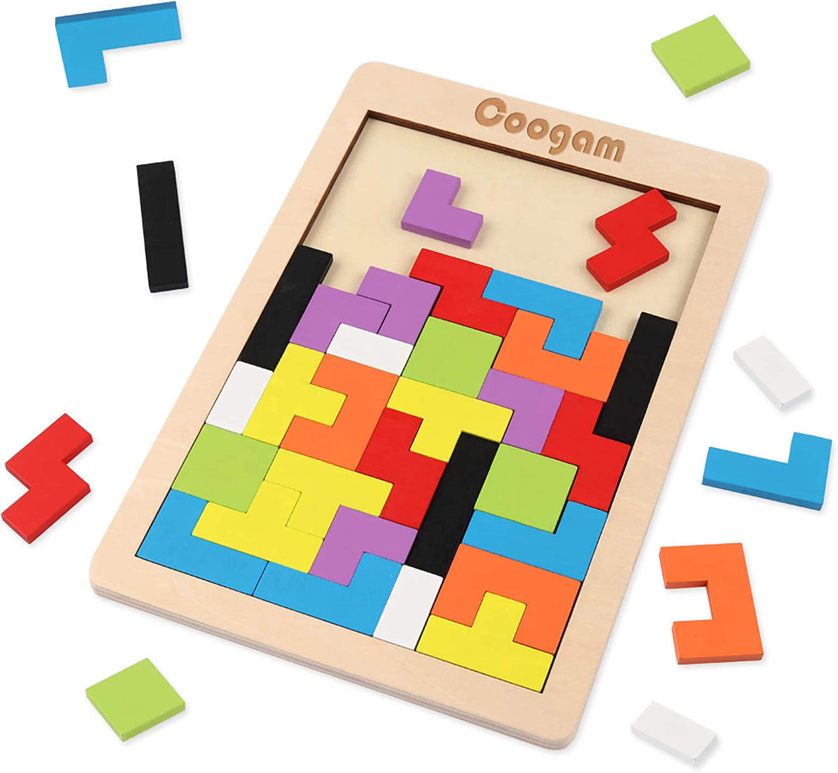 Coogam Wooden Blocks Puzzle, 40-Piece 3D Russian Blocks Tangram Jigsaw Brain Teaser Game, Colorful Wooden STEM Montessori Educational Puzzle for Kids & Adults